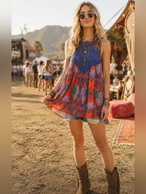 Intimately By Free People Boho Asymmetrical Blue Red Sleeveless Tunic NWT Small
